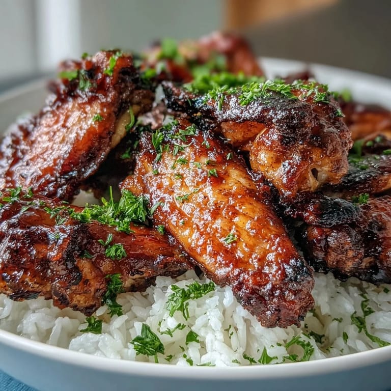 Crisp honey garlic chicken wings tossed in a glossy sauce, paired with steaming buttery rice on a white ceramic plate.