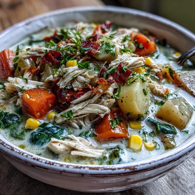 Shredded ranch seasoned chicken in creamy vegetable chowder garnished with fresh parsley and chives.