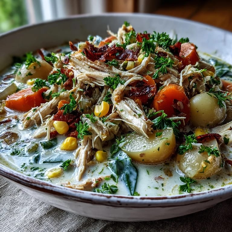 A cozy bowl of ranch chicken veggie soup paired with crusty bread for a comforting meal.