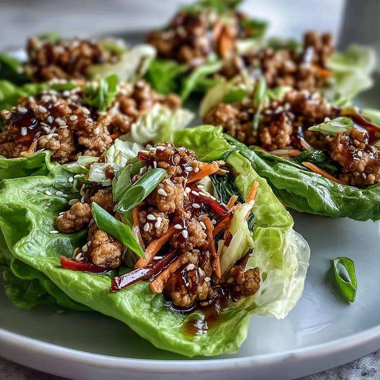 Golden-brown Turkey Potsticker Stir-Fry Lettuce Wraps filled with savory turkey, shredded carrots, cabbage, and red bell peppers, garnished with scallions and sesame seeds on a platter.