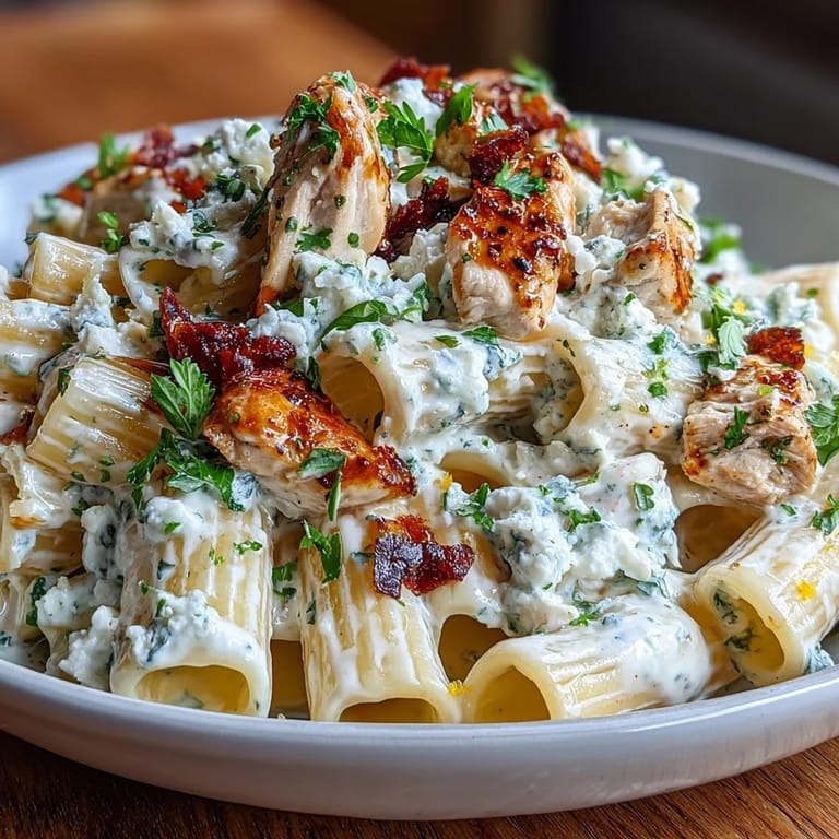 Ladle-spoon view of Creamy Lemon Feta Chicken Pasta, drizzled with olive oil beside crusty bread.