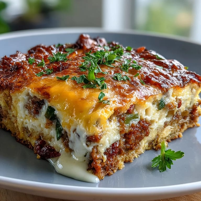 A close-up of Keto Sausage and Egg Breakfast Bake, showing fluffy eggs, peppers, and bubbly cheese.