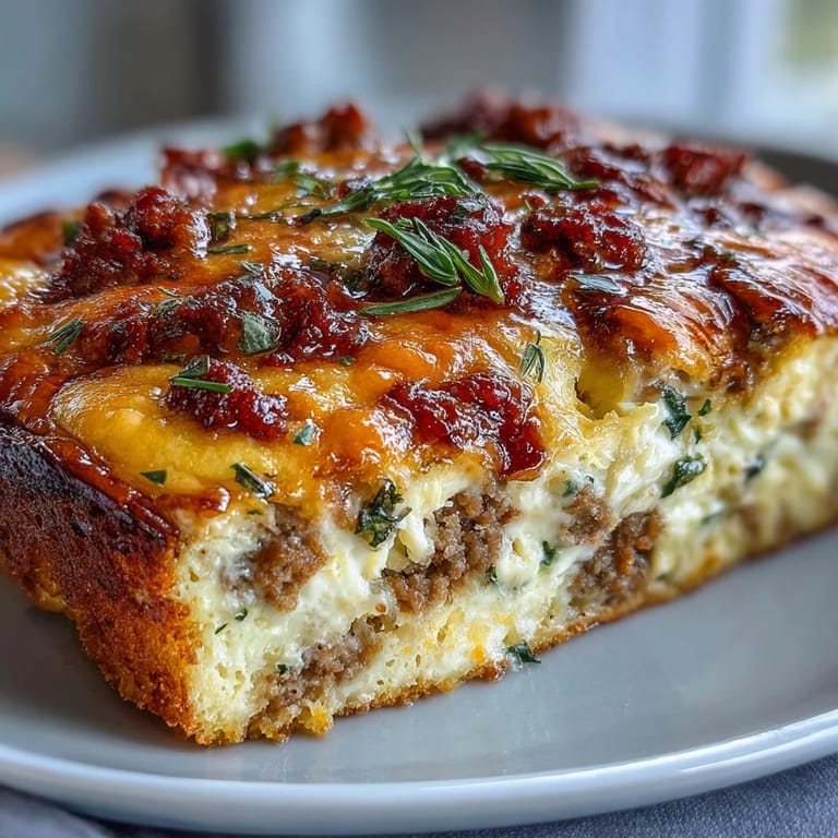Freshly cut slice of Keto Sausage and Egg Breakfast Bake served on a white plate with parsley garnish.