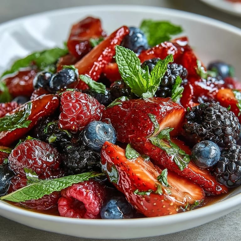 Colorful Fresh Summer Berry Salad with Mint and Honey garnished with chopped mint, ready to serve at a sunny outdoor picnic.