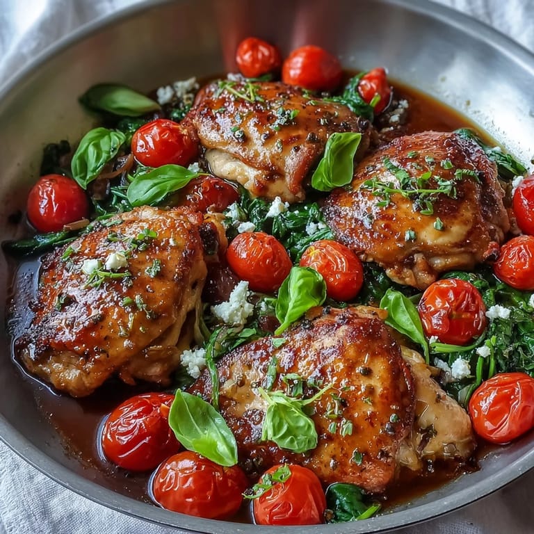 Sizzling One-Pan Balsamic Chicken with Tomatoes and Spinach served hot from the skillet, finished with a sprinkle of feta cheese.