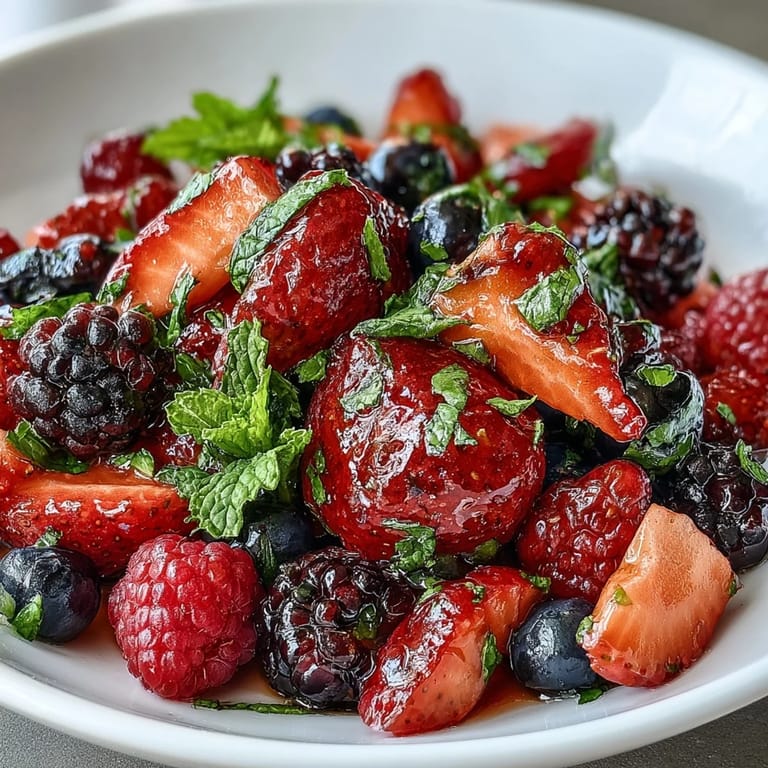 Bright medley of ripe summer berries in a white ceramic bowl, a perfect light dessert for warm days, best served chilled.