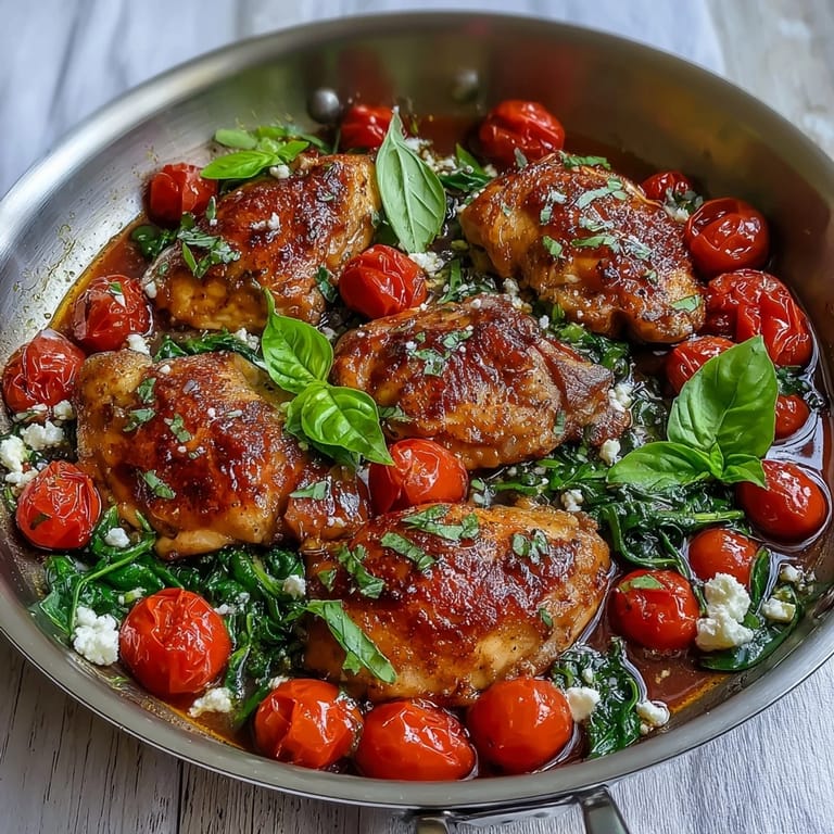 Juicy chicken breasts simmered in sweet balsamic glaze with blistered tomatoes and spinach, garnished with fresh basil for a vibrant Mediterranean dinner.