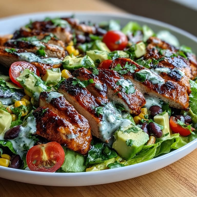 Colorful Southwest chicken salad featuring tender grilled chicken, fresh veggies, and creamy avocado, topped with crunchy tortilla strips.  