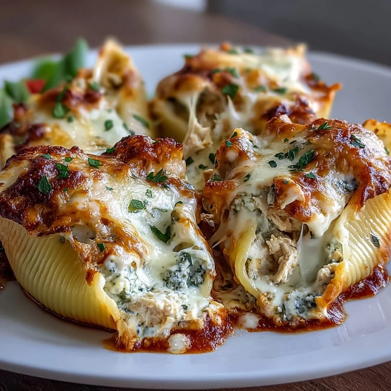 Golden jumbo pasta shells filled with basil pesto chicken and ricotta, baked to bubbly perfection in savory marinara.  