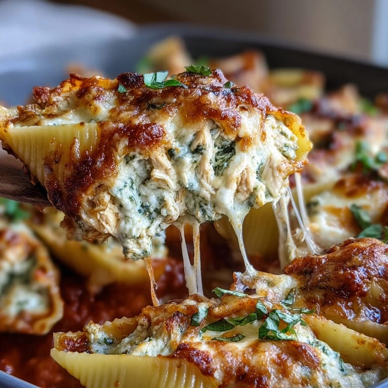 Italian-inspired stuffed shells layered with chicken, Parmesan, and pesto, topped with melted cheese and fresh basil garnish.