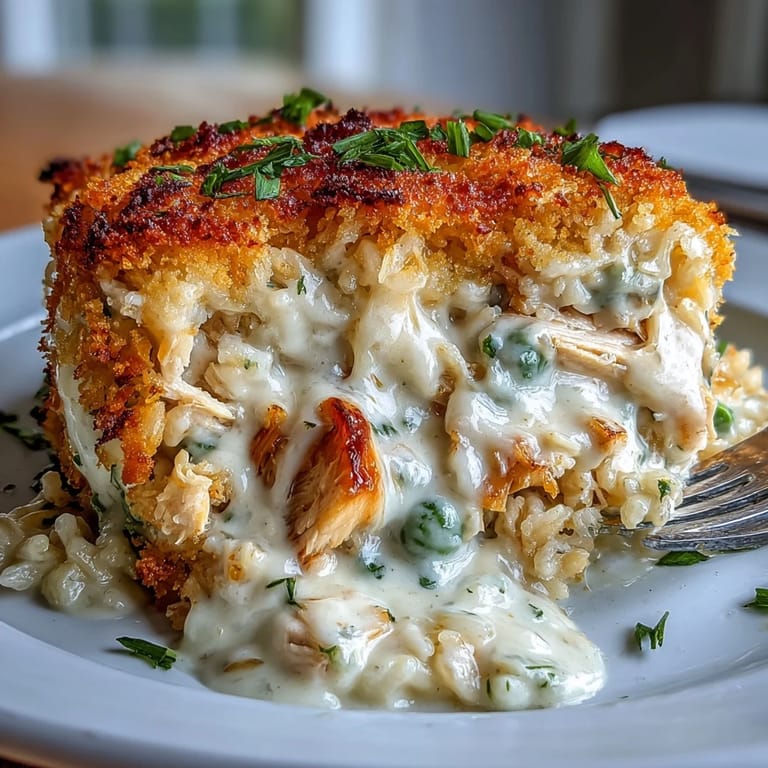 Rich and cheesy garlic chicken and rice casserole with melted mozzarella, Parmesan, and crispy breadcrumb crust.