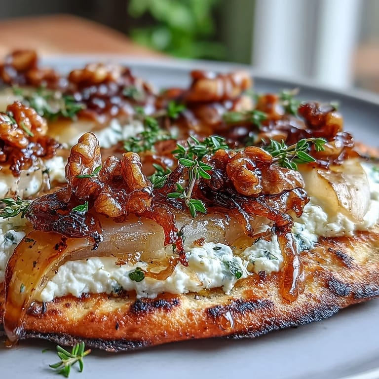 Elegant goat cheese and pear flatbread with caramelized onions, toasted walnuts, and a warm hot honey drizzle, perfect for sharing or entertaining.