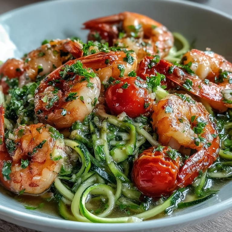 Bright and flavorful Skinny Shrimp Scampi with Zucchini Noodles, tossed with garlic, lemon, and red pepper flakes for a zesty low-carb meal. Garnished with parsley and optional Parmesan.