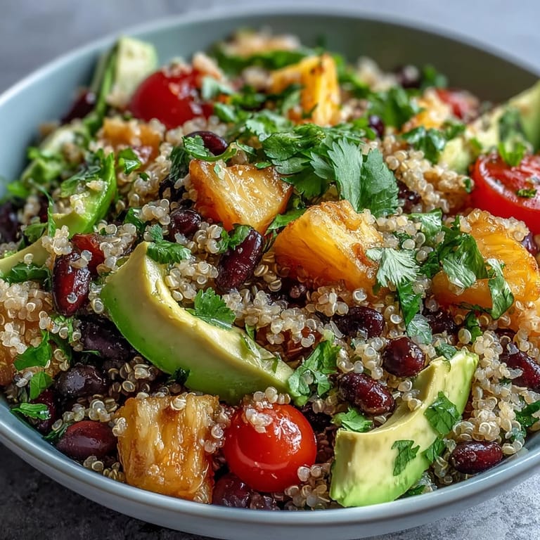 Refreshing Tropical Quinoa Salad with Pineapple and Black Beans, served chilled with juicy pineapple, hearty black beans, and a tangy lime-cumin dressing, ideal for a gluten-free summer meal.