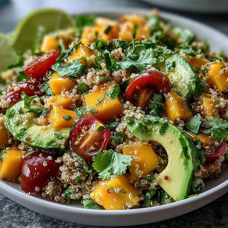 Refreshing quinoa salad with ripe mango, creamy avocado, and zesty lime dressing, perfect for healthy summer lunches or picnics.  