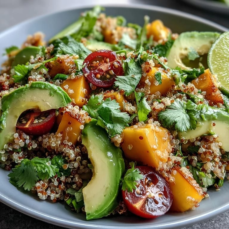 Vibrant tropical salad featuring mango, avocado, quinoa, and cherry tomatoes tossed in a bright lime-cumin dressing, ideal for light meals.