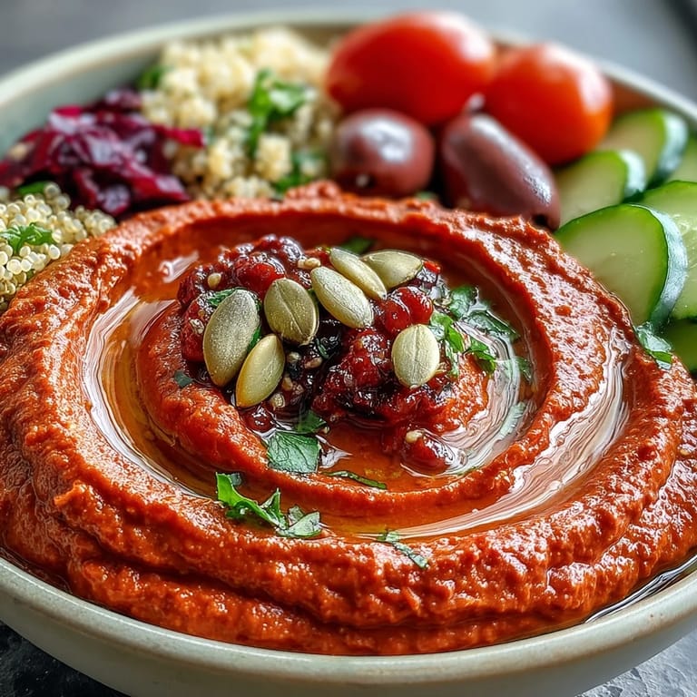 Colorful plant-based Buddha bowls featuring smoky roasted red pepper hummus, crisp cucumbers, cherry tomatoes, and avocado on a bed of quinoa.