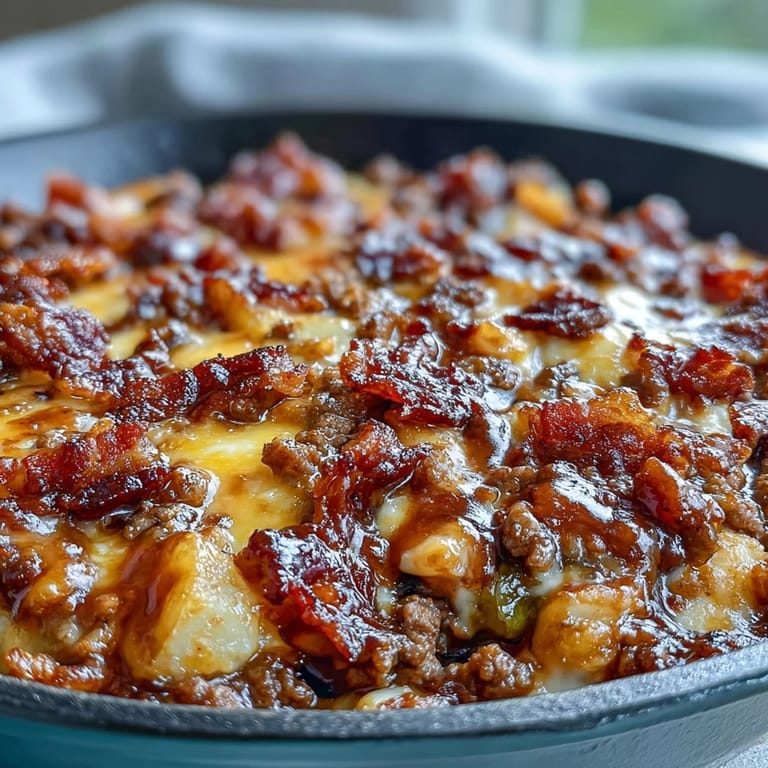 A hearty low-carb dinner featuring ground beef, sugar-free BBQ sauce, and dill pickles in a cheesy skillet.  