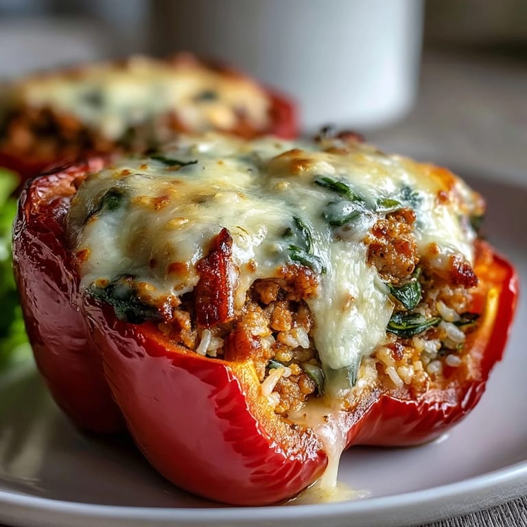 Healthy turkey and veggie stuffed bell peppers baked to perfection, topped with melted cheese and fresh parsley for a wholesome dinner.  