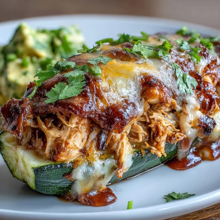 3. Delicious zucchini boats filled with shredded BBQ chicken, red onion, and melted cheese—a satisfying, protein-packed meal.