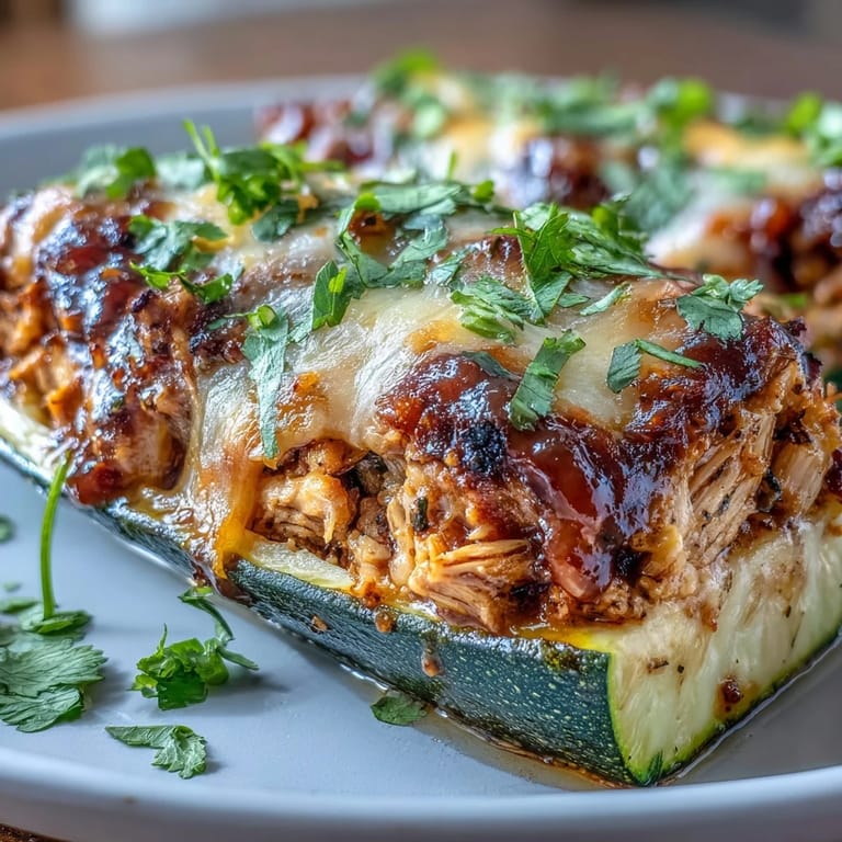 2. Healthy BBQ chicken stuffed zucchini boats topped with gooey cheddar cheese and fresh cilantro for a low-carb dinner.