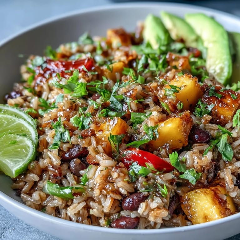 Vibrant mango and black bean brown rice fiesta bowls served with avocado slices and fresh cilantro.  
