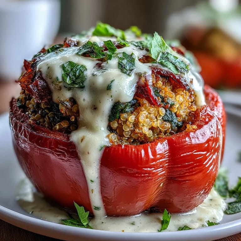 Roasted bell peppers packed with herbed chickpea, olive, and sun-dried tomato filling, topped with a zesty lemon tahini drizzle. A hearty, gluten-free vegan main dish.