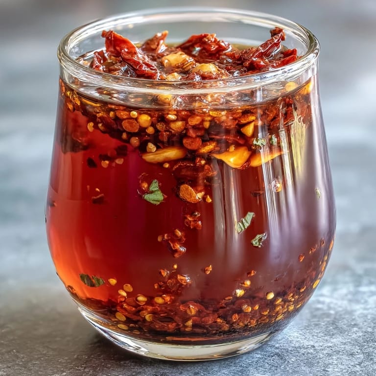Golden Spicy Calabrian Chili Oil with garlic slices and crushed chilies, a bold and aromatic condiment to elevate grilled meats or roasted vegetables.  
