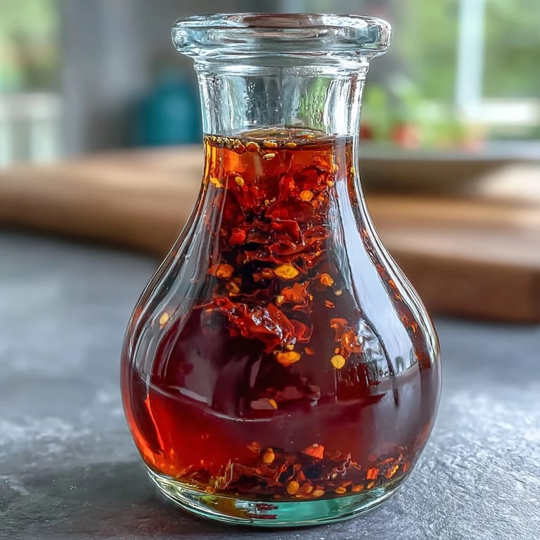 Rich Spicy Calabrian Chili Oil, deep red and fragrant, ideal for adding heat and flavor to sandwiches, eggs, or crusty bread.