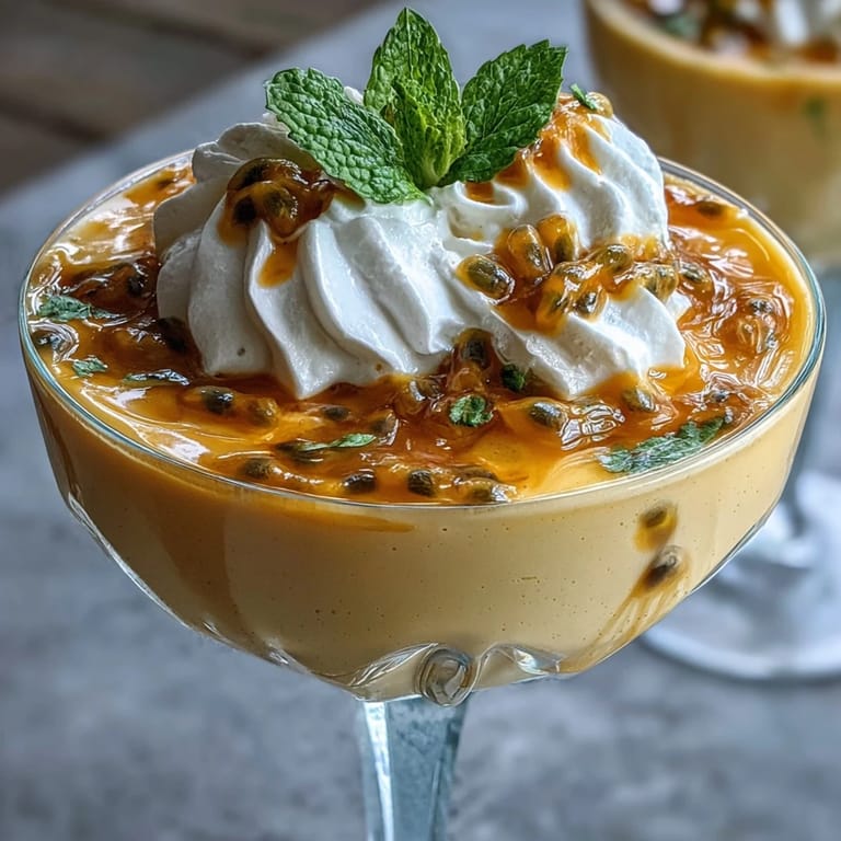 Bright and tangy passionfruit mousse topped with extra pulp, offering a luscious, chilled treat with a smooth, airy texture.