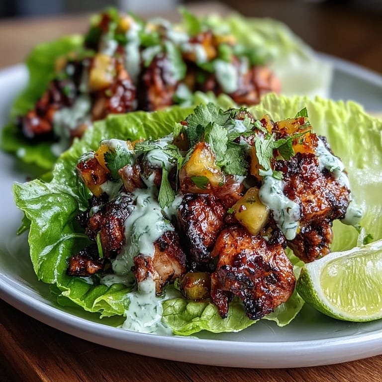 Spicy jerk chicken served in crunchy lettuce cups, garnished with fresh cilantro and drizzled with zesty coconut crema for a tropical appetizer.