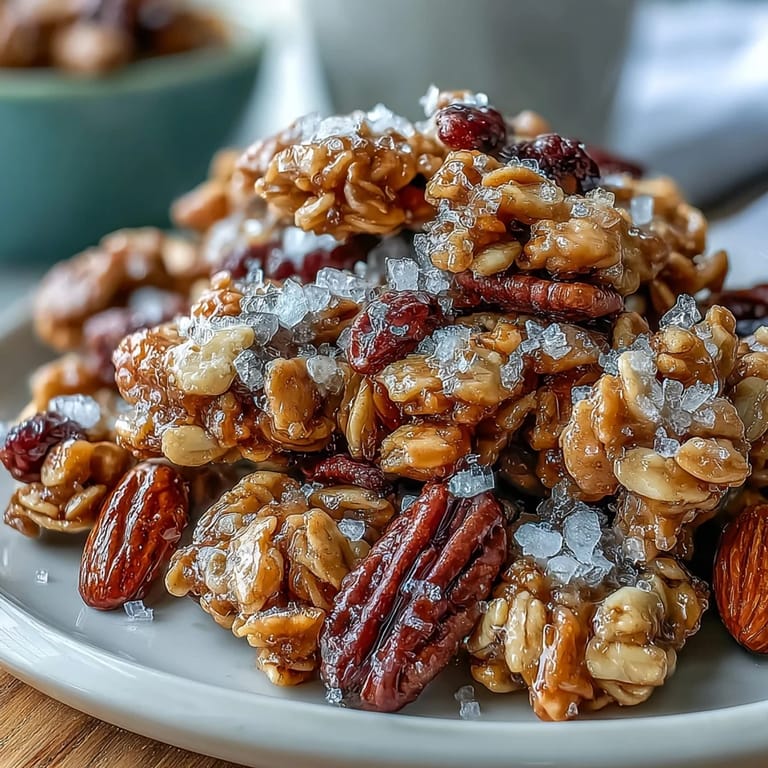 Oven-baked granola featuring honey-sweetened oats, chopped nuts, and fleur de sel for a balanced breakfast crunch.