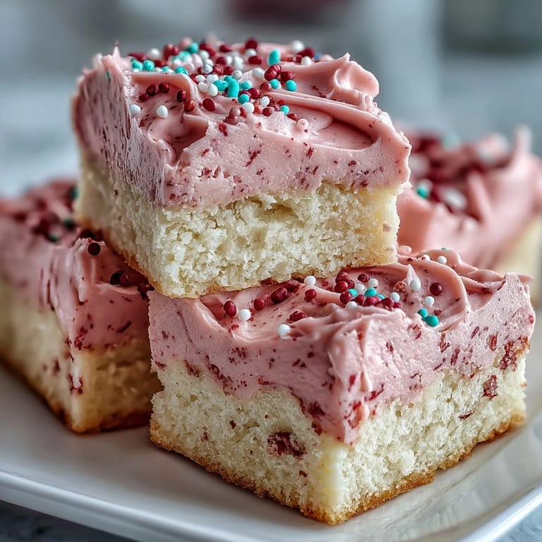 Chewy, golden sugar cookie bars spread with luscious strawberry frosting, ideal for sharing with loved ones on special occasions.
