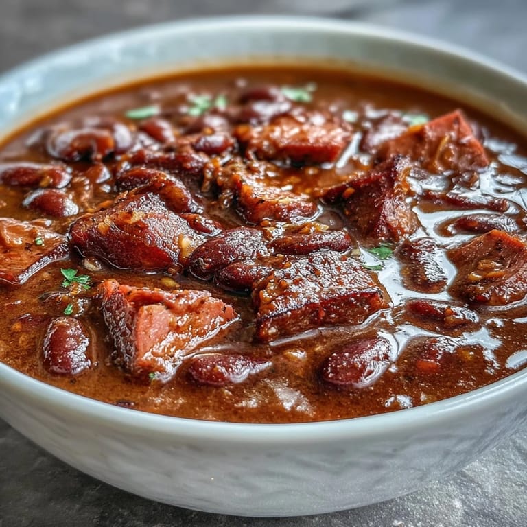 Rich Cajun-style ham and red bean soup simmered with Creole spices and fresh herbs.  