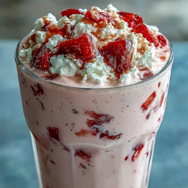 A vibrant pink smoothie made with cottage cheese and strawberries, garnished with chia seeds and served with a reusable straw.