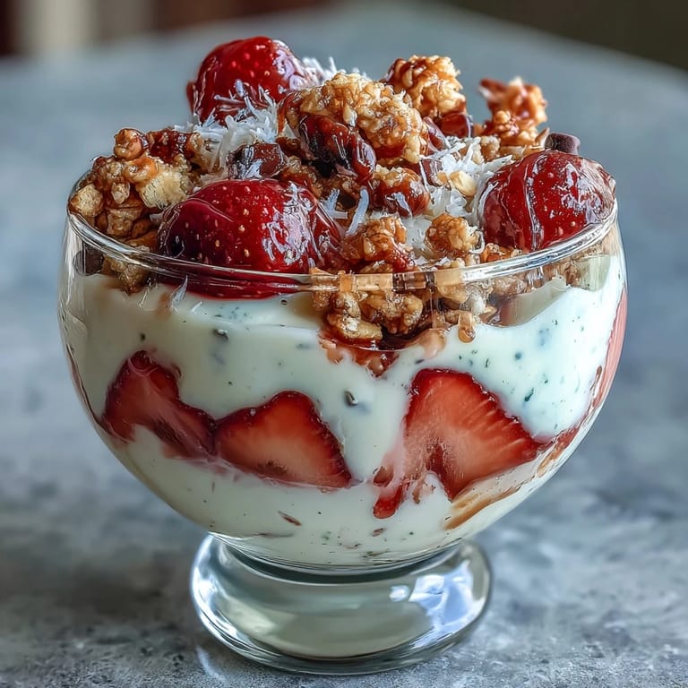 Guests customize their parfaits at a festive strawberry yogurt bar with granola and sweet toppings.
