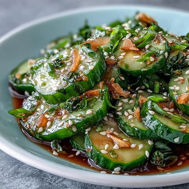 Crunchy cucumber salad with julienned carrots and spring onions, drizzled in umami-rich soy dressing—a refreshing vegan side dish.  