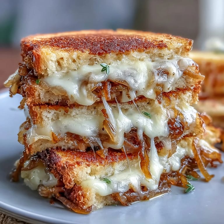 Decadent grilled cheese with layers of sweet caramelized onions, Gruyère, and Swiss cheese between golden sourdough slices.  