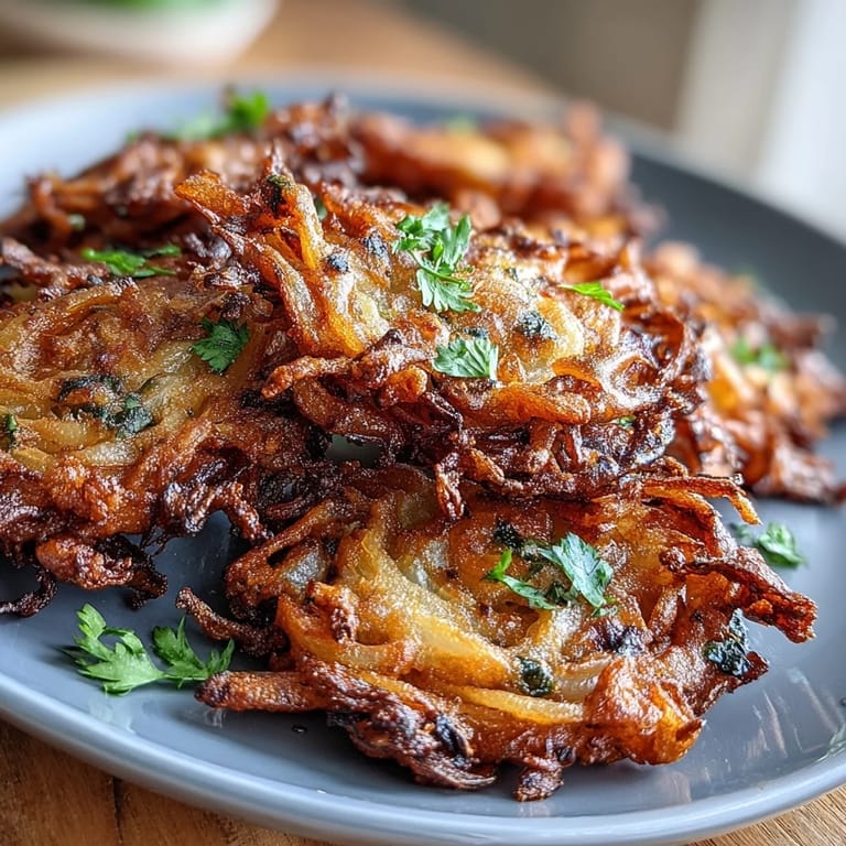 Vegan air fryer onion bhaji, crunchy on the outside and tender inside, paired with fresh cilantro.