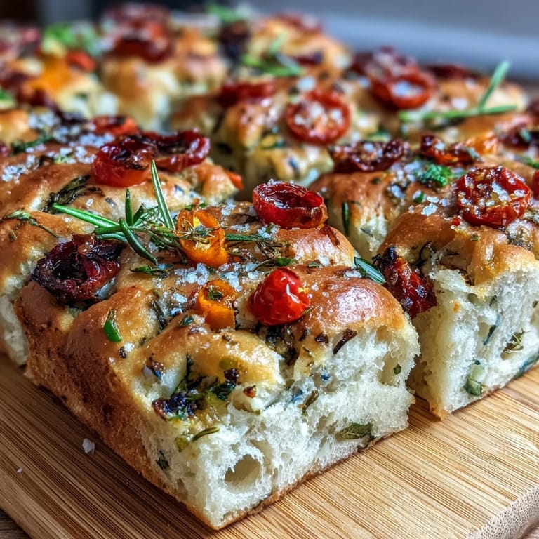 Colorful bell peppers, cherry tomatoes, and zucchini slices artfully arranged on herb focaccia, creating an edible garden scene.