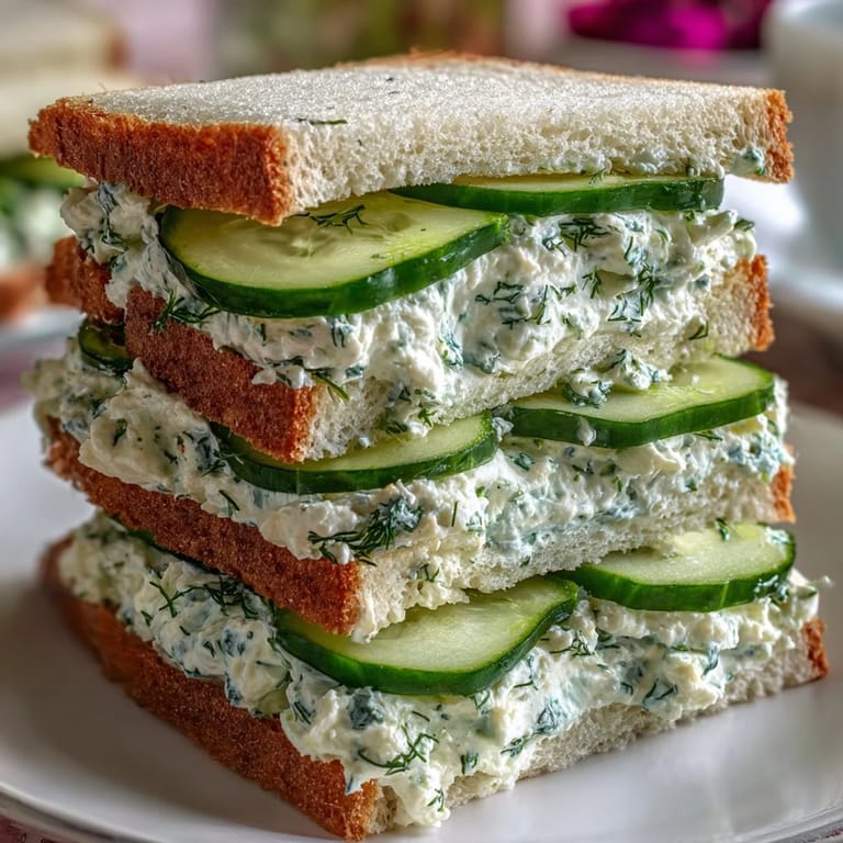 Crisp cucumber slices layered with fresh dill and chive cream cheese on soft white bread, ideal for refined snacking.