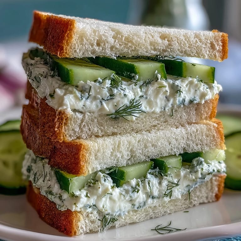 Herbed cream cheese and thinly sliced cucumber tea sandwiches served on trimmed bread for a classic English appetizer.
