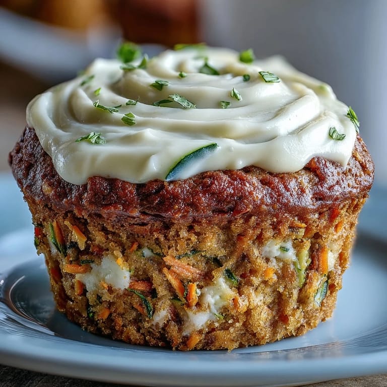 Wholesome muffins packed with fresh carrots and zucchini, topped with a delicate swirl of sweetened cream cheese.  