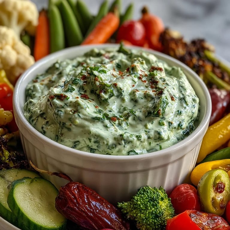 Creamy Green Goddess Dip surrounded by a rainbow of Little Sprout Veggie Platter, perfect for healthy snacking or parties.