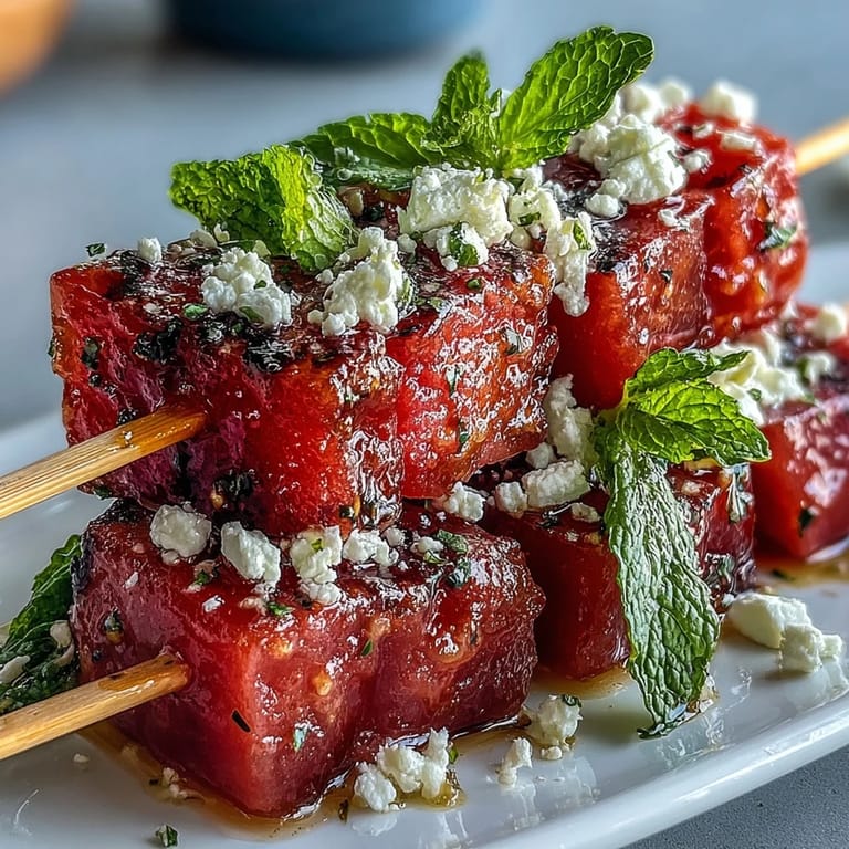 Colorful watermelon feta skewers with creamy cheese and aromatic mint, ideal for easy entertaining.
