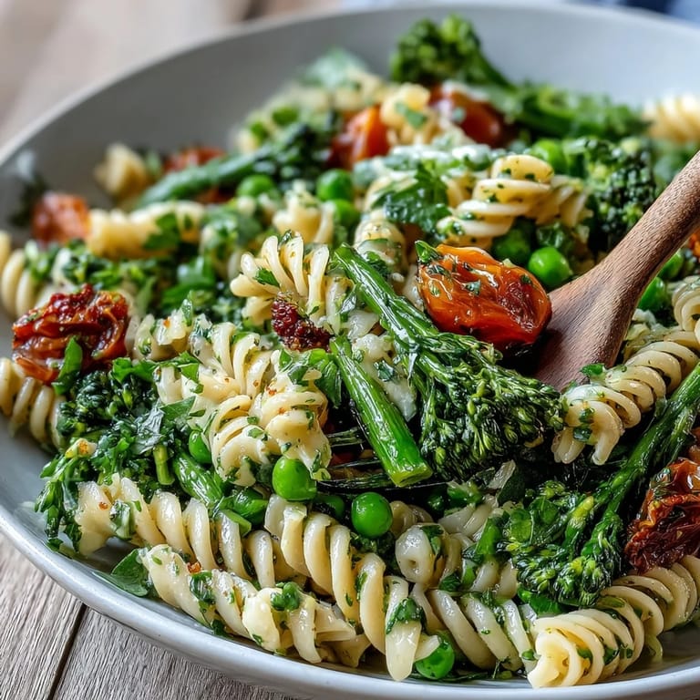 Bright and healthy spring pasta salad with fresh vegetables, herbs, and optional feta cheese garnish.