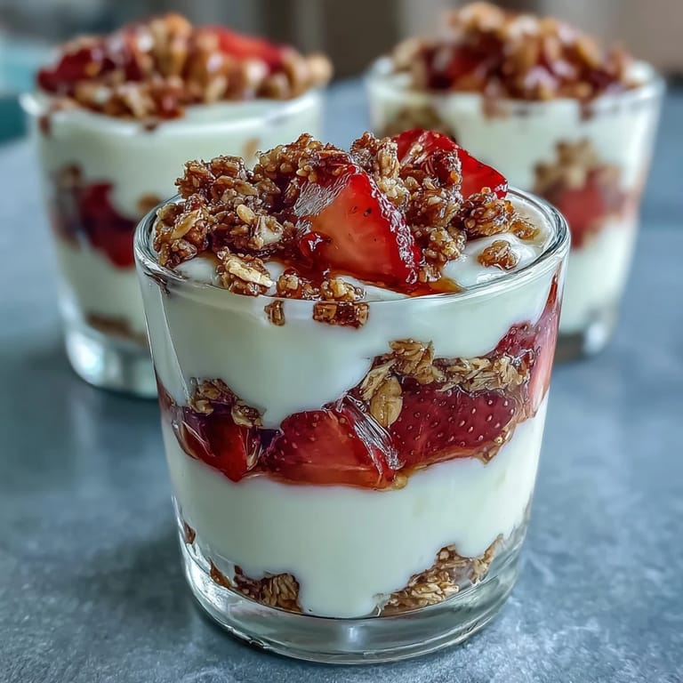 Layered mini strawberry parfaits in shot glasses, combining juicy berries, honey-sweetened yogurt, and crunchy granola for a delightful treat.