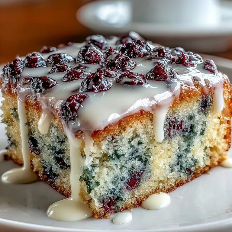 Fluffy lemon cake bursting with juicy blueberries, drizzled with tangy icing for a refreshing and festive dessert centerpiece.