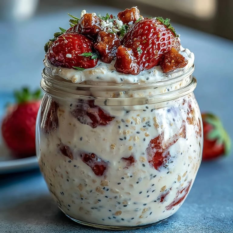 Bright and zesty strawberry lemonade overnight oats layered with diced fruit, lemon zest, and poppy seeds for a nourishing start.