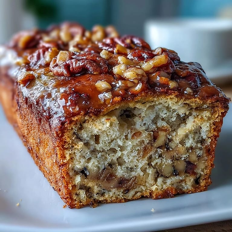 2. Rich banana bread loaf featuring tangy sourdough discard, crunchy walnuts, and a sweet brown sugar cinnamon topping.  